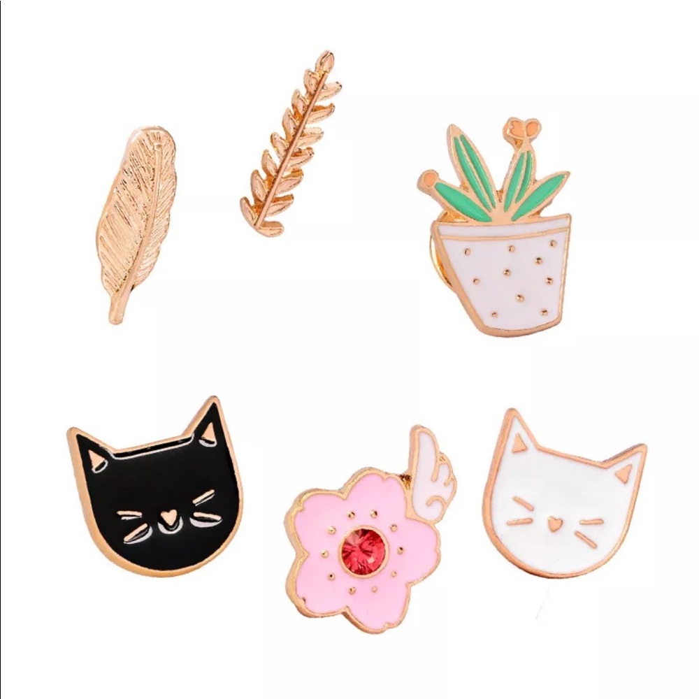 Set of 6 cute enameled pins! cat cactus feather